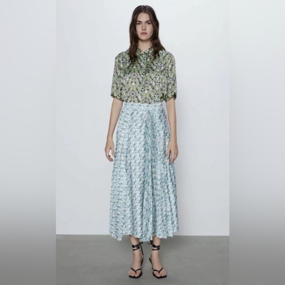 Zara Floral Pleated Asymmetrical Midi Skirt